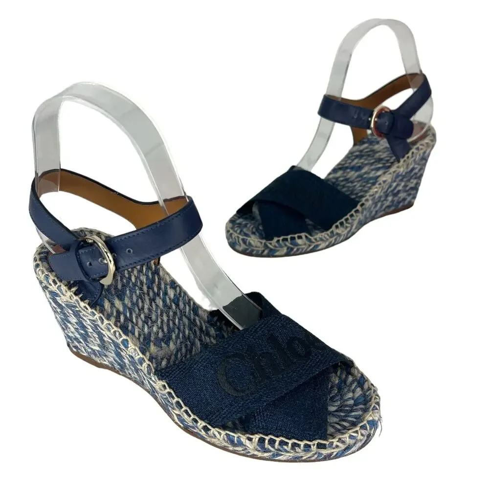 Chloe Piia Denim Logo Espadrille Wedge Sandals with Leather Straps‎ Size 36